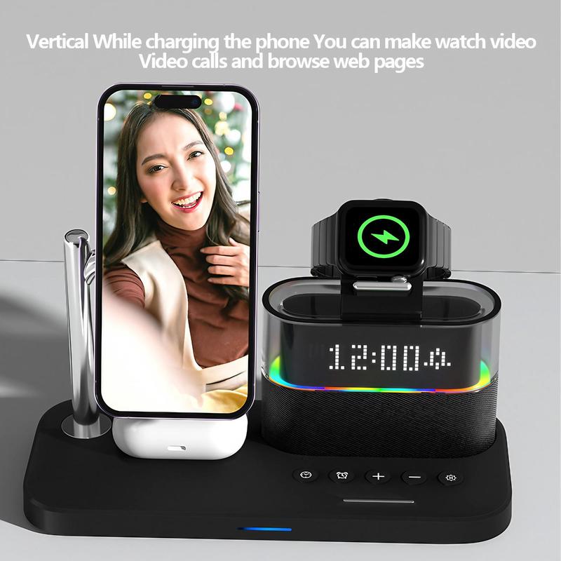 5 in 1 Wireless Charger, Multifunctional Wireless Charging Station with Ambient Light & Clock Function, Fast Charging Station Compatible with iPhone & Apple Watch & AirPods