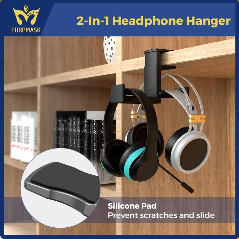 Dual Headphone Stand Holder - 2 in 1 PC Gaming Headset Hooks, 360 Degree Rotating Headphone Hanger with Adjustable Clamp & Cable Clip Organizer, Headset Mount Under Desk Earphone Clamp-Black