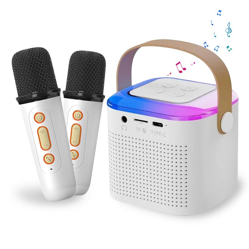 Portable Karaoke Machine with 2 Wireless Microphones, Mini Karaoke Machine with LED Lights, Bluetooth Speaker, Support TF Card, AUX Input for Kids Adults Home Birthday Party for Girls Boys (White)