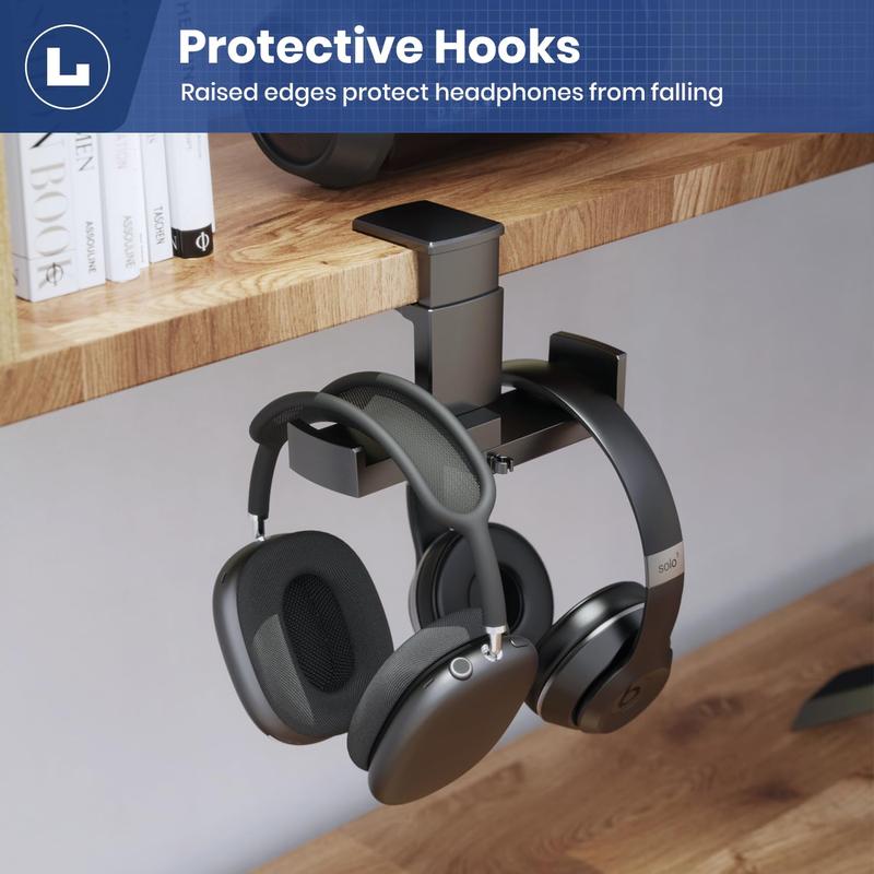 Dual Headphone Stand Holder - 2 in 1 PC Gaming Headset Hooks, 360 Degree Rotating Headphone Hanger with Adjustable Clamp & Cable Clip Organizer, Headset Mount Under Desk Earphone Clamp-Black