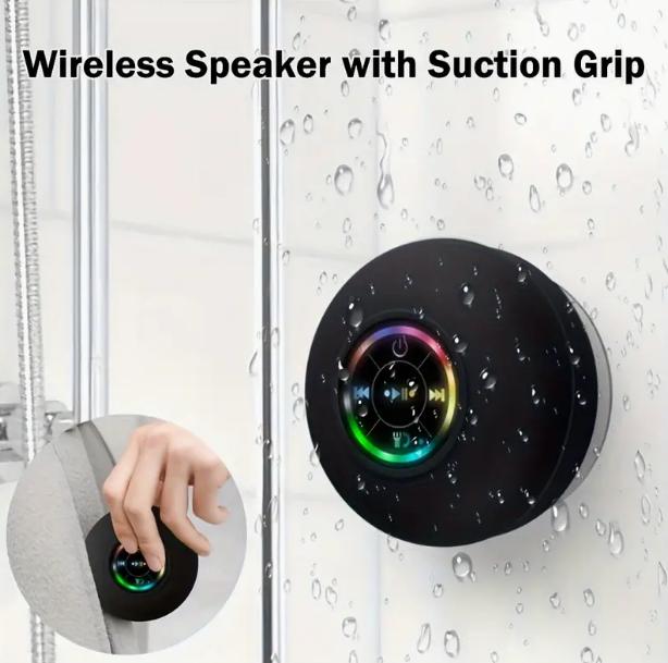 Waterproof speaker, portable wireless speaker with suction cup, USB rechargeable black speaker, with a playback time of 2 hours, suitable for parties, bathrooms, travel, homes, and outdoors (suction cup must be on a smooth surface to use)