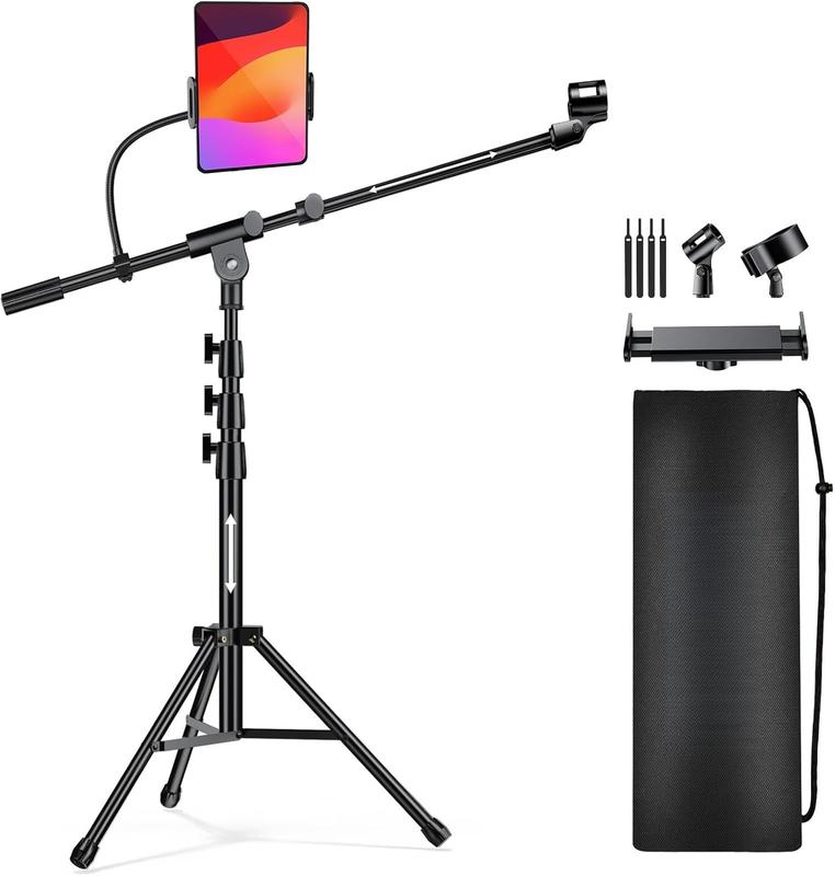 Microphone Stand with Tablet Holder, Tripod Boom Arm for Floor, Adjustable Height and Angle, Heavy Duty Stand with Carrying Bag, Phone and iPad Clamp, Compatible with Blue Yeti, T35