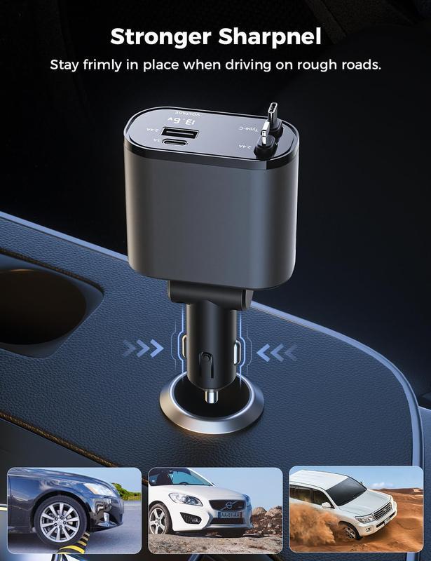 4 in 1 Retractable Car Charger, Car Accessories, 2 Fast Charging cables&Dual Charge Port Compatible with iPhone 15 14 13 12 11 Pro Max Plus iPad AirPods, Samsung Galaxy S23 S22 S10,Google Pixel, Smartphone Cellphone