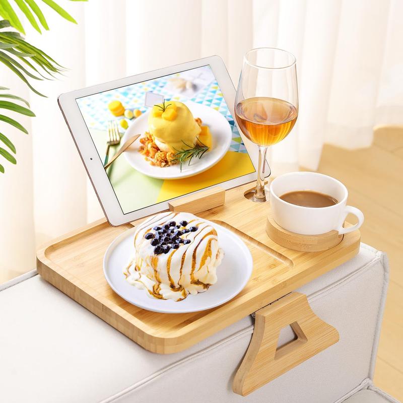 Couch Arm Table, Sofa Arm Tray with 360° Rotating Phone Holder & Cup Holder, Folding Anti-Slip Sofa Arm Table, Bamboo Couch Tray Clip on Side Table for Eating, Snacks, Phone, Remote, Cups