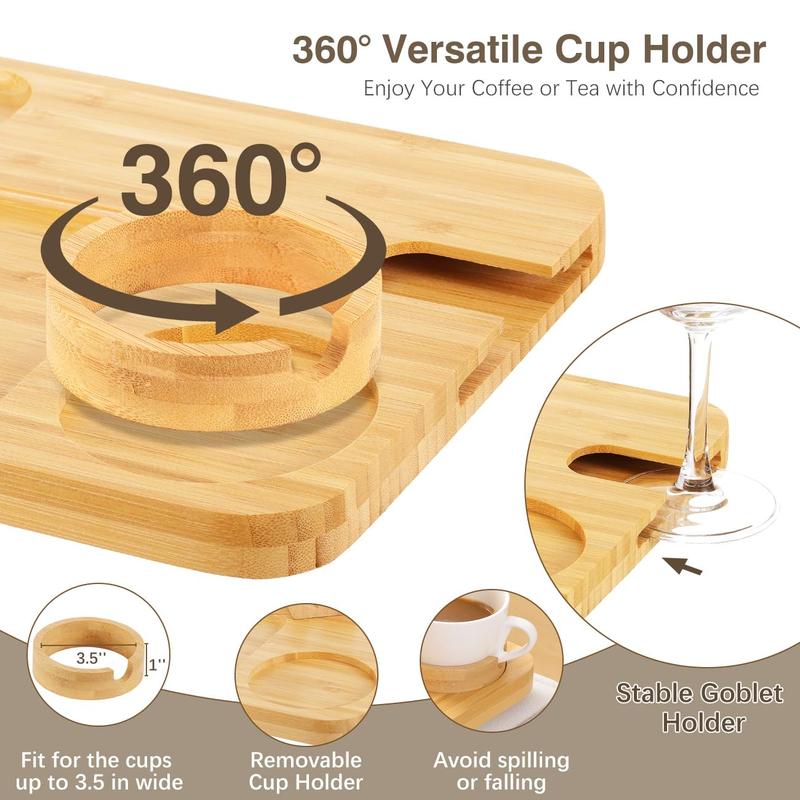 Couch Arm Table, Sofa Arm Tray with 360° Rotating Phone Holder & Cup Holder, Folding Anti-Slip Sofa Arm Table, Bamboo Couch Tray Clip on Side Table for Eating, Snacks, Phone, Remote, Cups