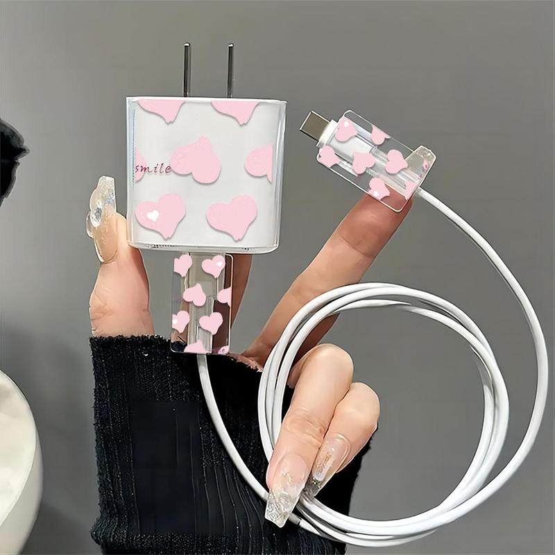 Heart Pattern Phone Charger Protector Set for Summer, Including Charger Head Protective Case, Adapter Protective Case & Data Cable Protector