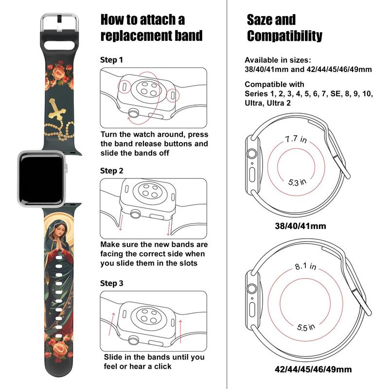 Virgin Mary with Cross Watch Band compatible with iWatch Printed Band Silicone Ultra 38mm 40mm 41mm 42mm 44mm 45mm 46mm 49mm Strap Virgin De Guadalupe Jesus God Catholic Christian Bible Gift