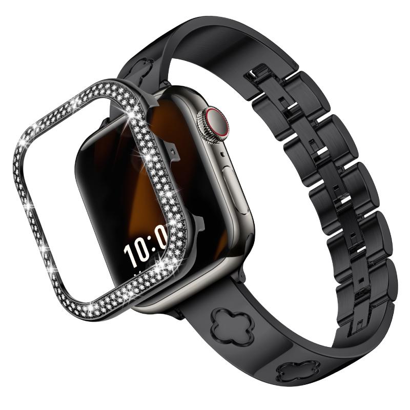 Missair Black Band & Cover Case Diamond Compatible with Apple Watch 40mm 41mm 44mm 45mm, Adjustable Stainless Steel Dressy Bracelet Wearable Accessory