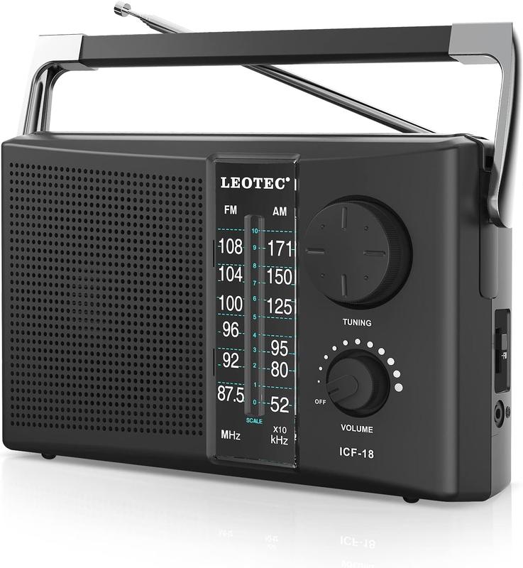 LEOTEC Portable AM FM Radio with Best Reception,Battery Operated or AC Power,Big Speaker,Large Tuning Knob,Clear Dial,Earphone Jack for Gift,Elder,Home Black