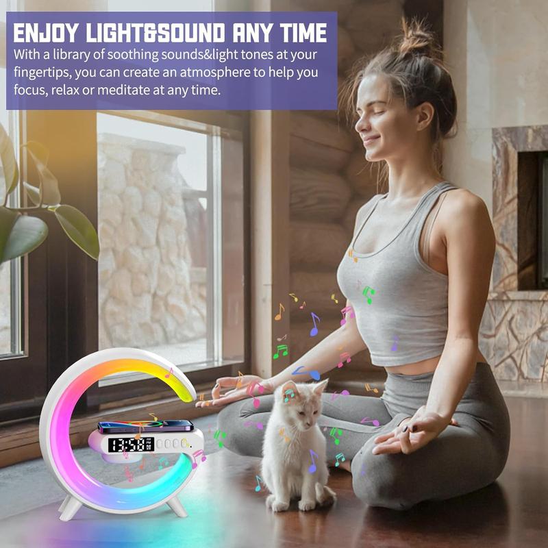 RGB Night Light Lamp Multifunctional Wireless Audio Speaker, Multifunctional Wireless Speaker with Alarm Clock, Rechargeable Speaker, Wireless Charger Station for Smartphone