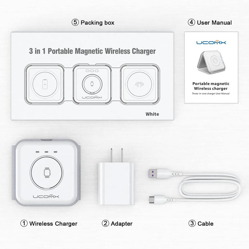 AwwPicks UCOMX Nano 3 in 1 Wireless Charger for iPhone, Not suitable for Android, Magnetic Foldable 3 in 1 Charging Station, Travel Charger for Multple Devices for iPhone 16 15 14 13 12, for AirPods 4 3 Pro Pro 2, for iWatch, Christmas Gifts (White)