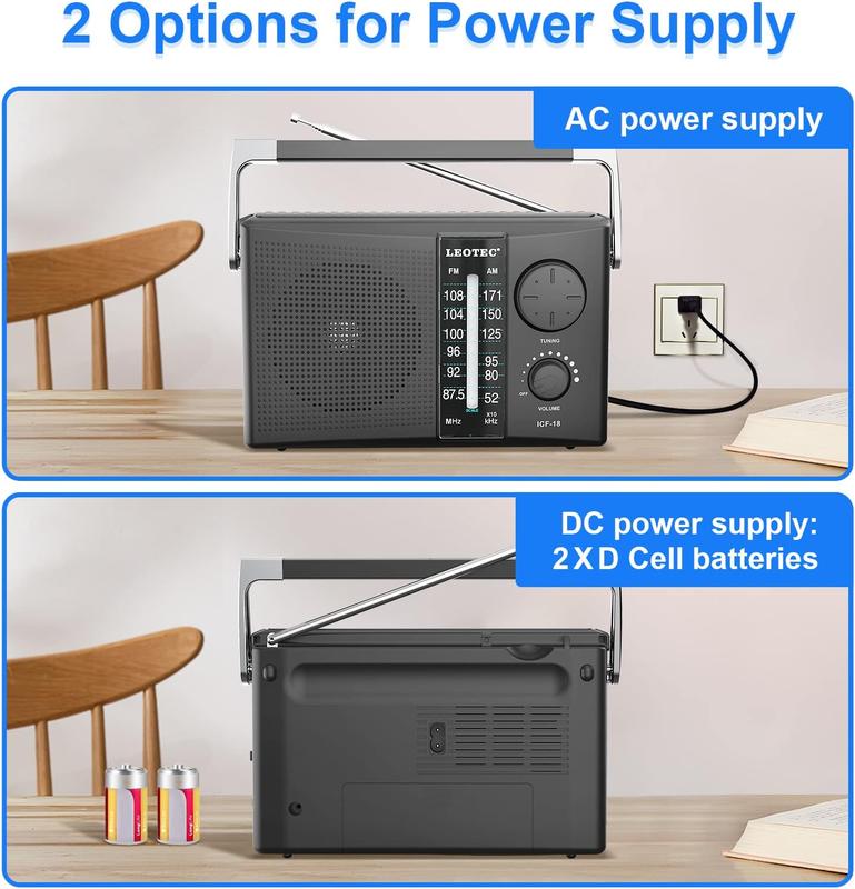 LEOTEC Portable AM FM Radio with Best Reception,Battery Operated or AC Power,Big Speaker,Large Tuning Knob,Clear Dial,Earphone Jack for Gift,Elder,Home Black