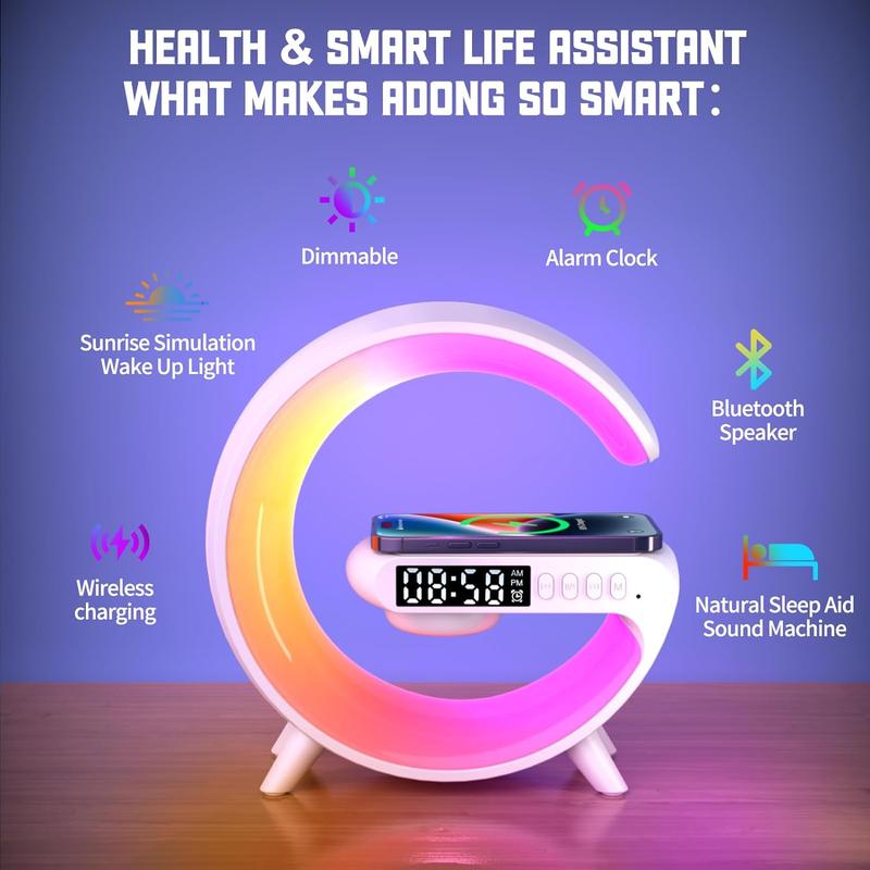 RGB Night Light Lamp Multifunctional Wireless Audio Speaker, Multifunctional Wireless Speaker with Alarm Clock, Rechargeable Speaker, Wireless Charger Station for Smartphone