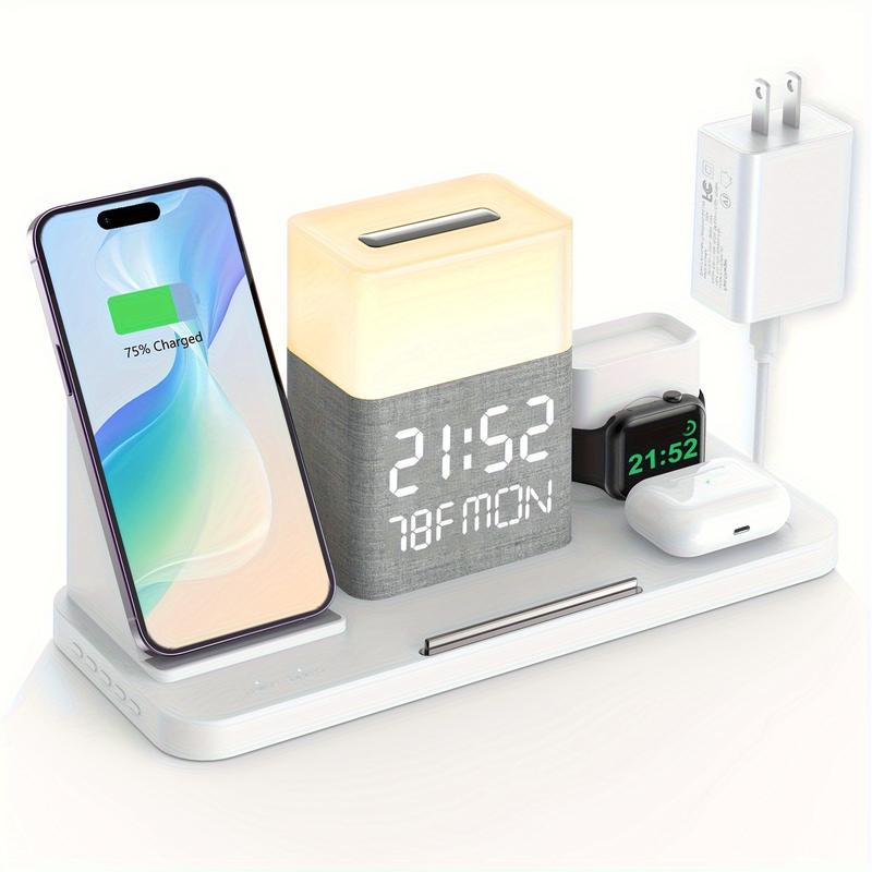 7-In-1 Wireless Charging Station - Dual Phone Fast Charging Dock with Night Light, Phone Holder, Time Sync, Week Temperature Display, 30W Adapter for iPhone, AirPods, and iWatch with USB-C and USB-A Wired Output