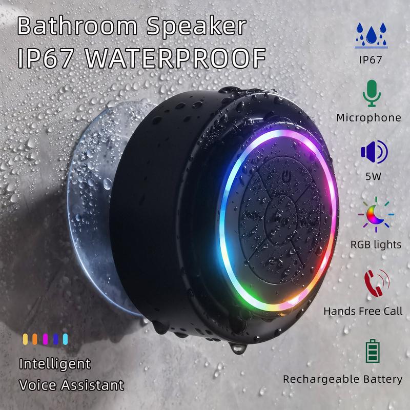 Mini Bluetooth Shower Speaker,Rechargeable Waterproof Speaker with LED Light, Portable Bluetooth-compatible Speaker for Beach, Pairs Easily to Phones, Tablets, Computer,Shower & Home,Gift for Men & Women.