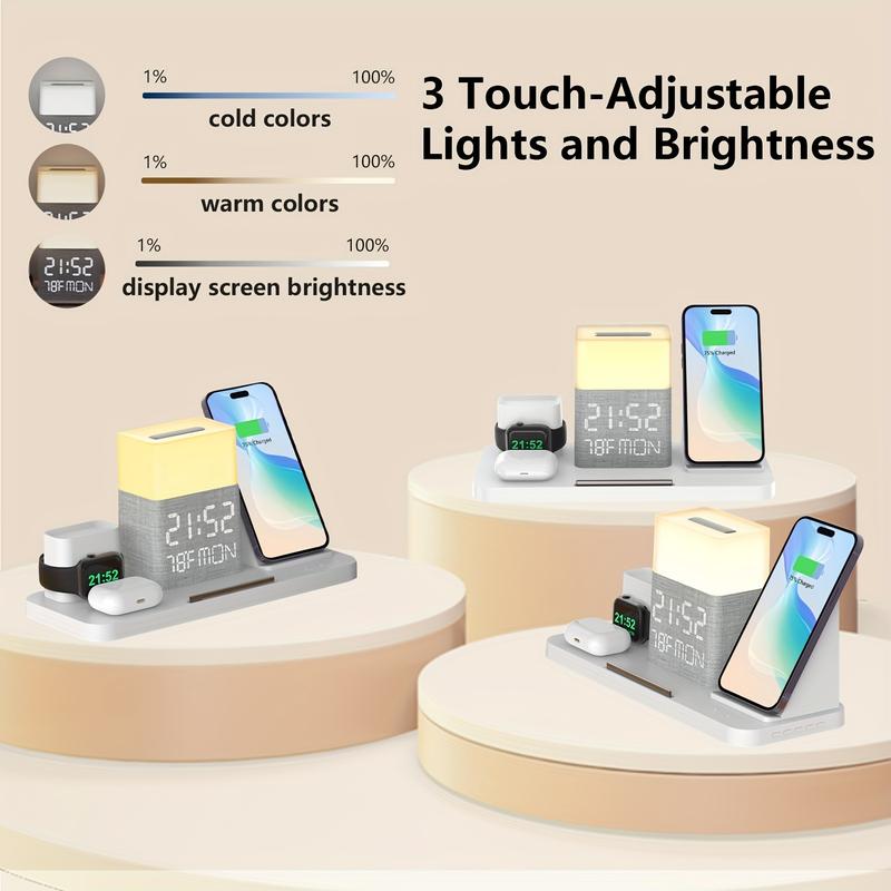 7-In-1 Wireless Charging Station - Dual Phone Fast Charging Dock with Night Light, Phone Holder, Time Sync, Week Temperature Display, 30W Adapter for iPhone, AirPods, and iWatch with USB-C and USB-A Wired Output