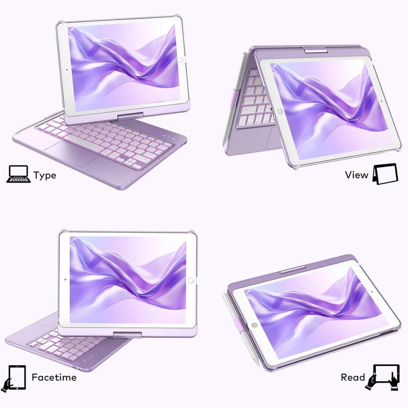 Touchpad Keyboard Case for iPad 9th 8th 7th 10.2 inch, Backlit Trackpad Keyboard, 360°Rotatable Case with Pencil Holder for iPad 9th 8th 7th Gen (Light Purple)