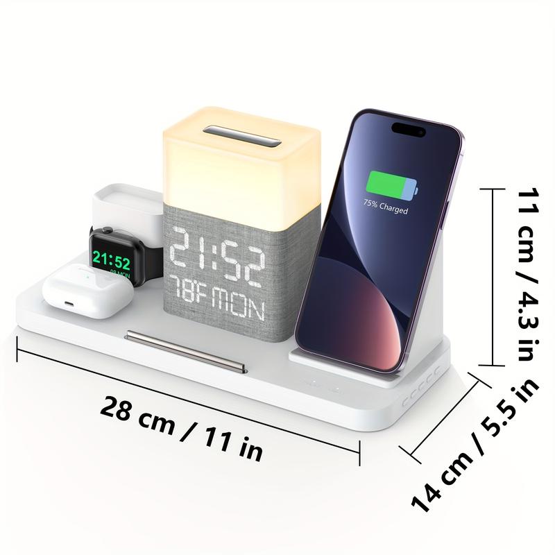 7-In-1 Wireless Charging Station - Dual Phone Fast Charging Dock with Night Light, Phone Holder, Time Sync, Week Temperature Display, 30W Adapter for iPhone, AirPods, and iWatch with USB-C and USB-A Wired Output