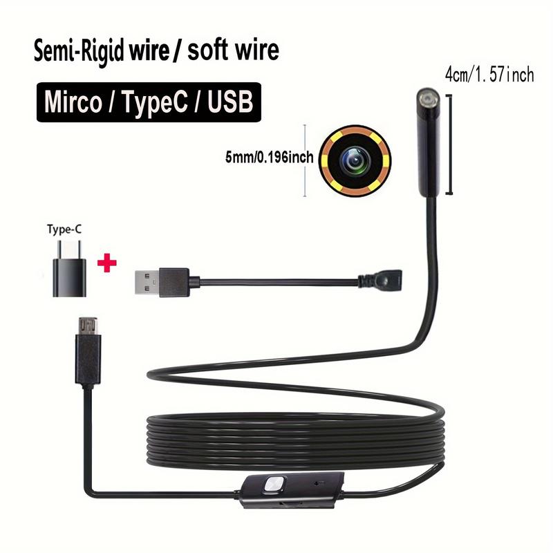 5mm 0.196in Industrial Camera Endoscope, Suitable for Android Mobile Phone Camera, Pipeline Inspection, Industry, Car Repair, Carbon Deposit, Visual Repair, Air Conditioner 1-10m Cable