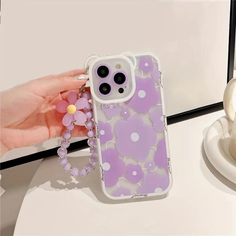 Flower Pattern Phone Case with Flower Chain Lanyard, Decorative Phone Protective Cover, Fashion Phone Accessories Compatible with iPhone 11 12 13 14 15 Pro Max 15 Plus 15 Pro