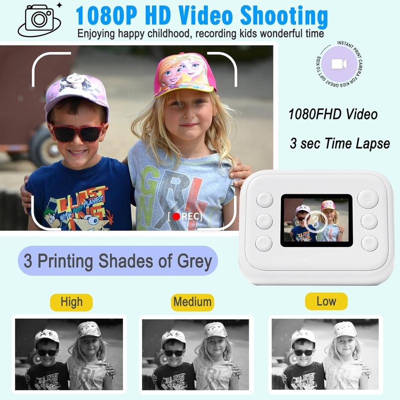 Instant Printing Camera for Kids, 1080p Polaroid Camera, Creative Christmas Birthday Gift for Girls Boys, HD Digital Camera Portable Toy with Printing Paper 8GB Memory Card Charging instant print