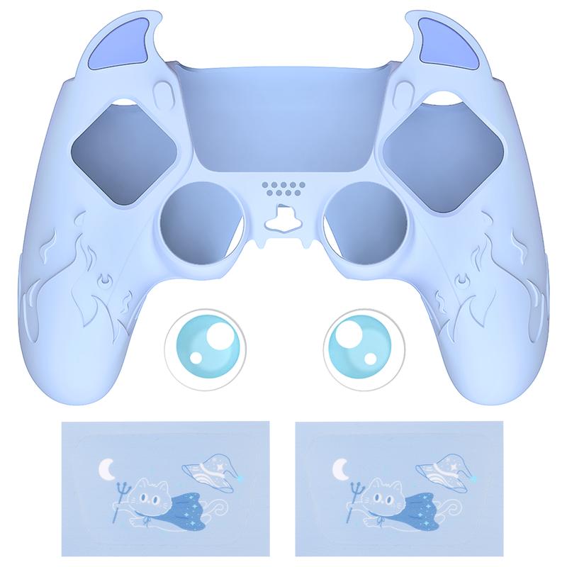 PlayVital Cute Demon Controller Silicone Case for ps5, Kawaii Controller Cover Gamepad Skin Protection for ps5 with Touch Pad Sticker & Thumb Grip Caps Accessories - Blue