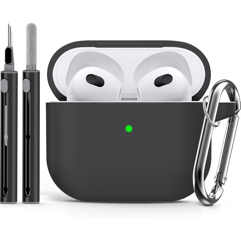 for AirPods 3rd Gen Case Cover with Cleaner Kit,Soft Silicone Protective Case for Apple AirPods 3rd Generation Charging Case with Keychain,Shockproof AirPod 3 Case for Women Men-Black