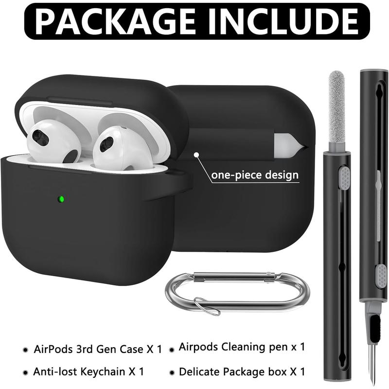 for AirPods 3rd Gen Case Cover with Cleaner Kit,Soft Silicone Protective Case for Apple AirPods 3rd Generation Charging Case with Keychain,Shockproof AirPod 3 Case for Women Men-Black