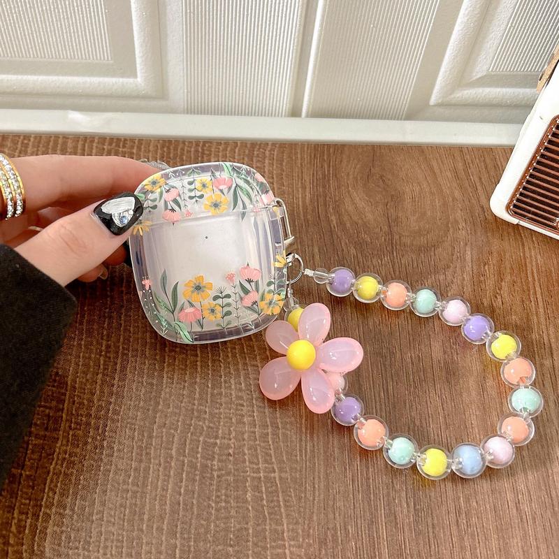 Cute Flower Design Earphone Case with Keychain, Decorative Earphone Protector Cover Compatible with Airpods, Earphone Protective Case