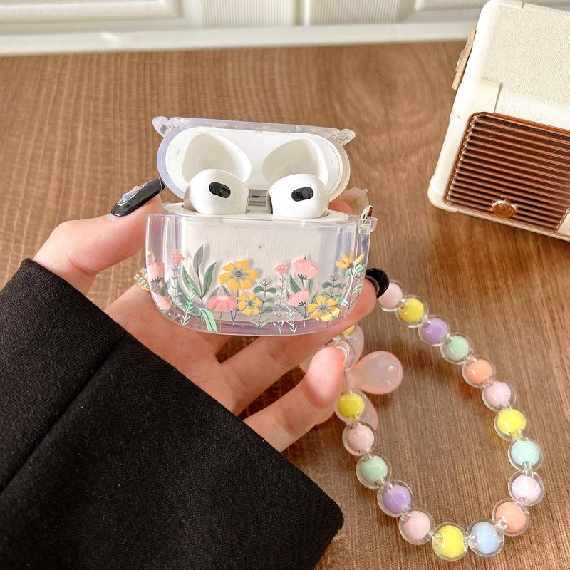 Cute Flower Design Earphone Case with Keychain, Decorative Earphone Protector Cover Compatible with Airpods, Earphone Protective Case