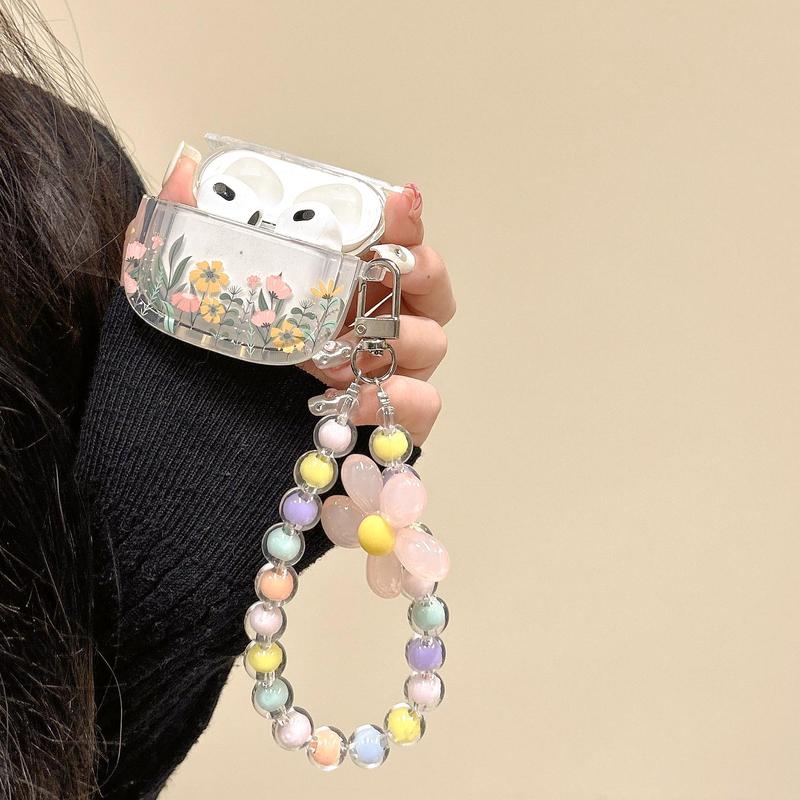 Cute Flower Design Earphone Case with Keychain, Decorative Earphone Protector Cover Compatible with Airpods, Earphone Protective Case