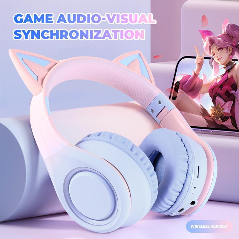 Cute Cat Ear Design Wireless Headphone, Over-ear Design Bluetooth-compatible Headphone with Microphone, Rechargeable Headset for Gaming, Sports, Office