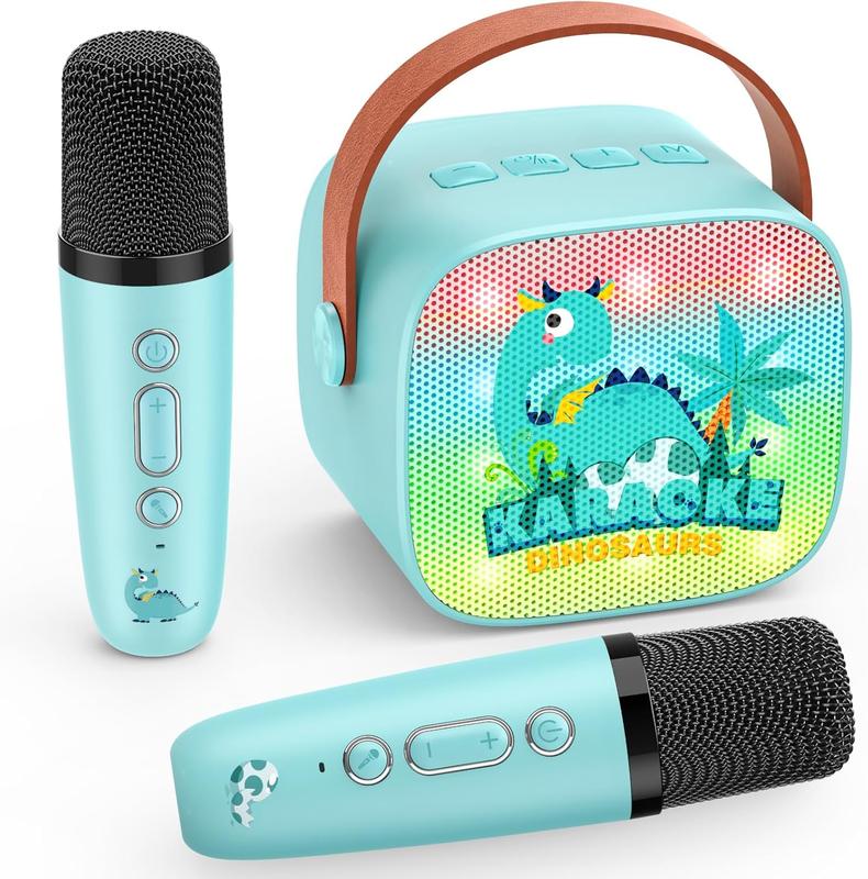 Dinosaur Karaoke Microphone Machine Toys: Colorful LED Portable Bluetooth Speaker with 2 Wireless Mics Boy Toys Christmas Birthday Gifts for 4 5 6 7 8 9 Years Old Girls Boys Kids Ages 5-7 8-12+