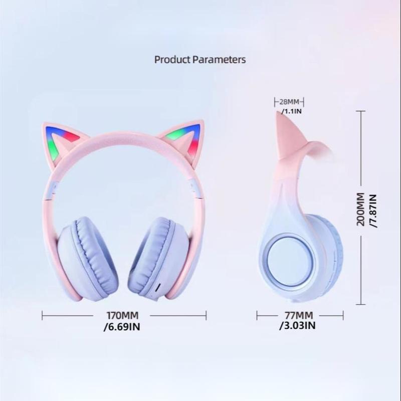 Cute Cat Ear Design Wireless Headphone, Over-ear Design Bluetooth-compatible Headphone with Microphone, Rechargeable Headset for Gaming, Sports, Office