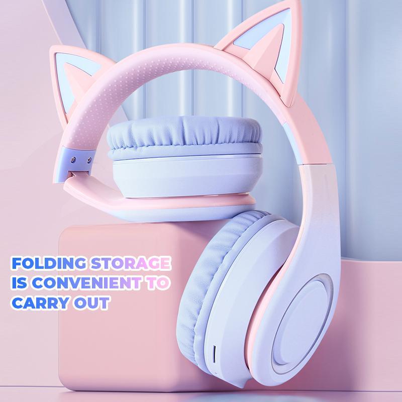 Cute Cat Ear Design Wireless Headphone, Over-ear Design Bluetooth-compatible Headphone with Microphone, Rechargeable Headset for Gaming, Sports, Office