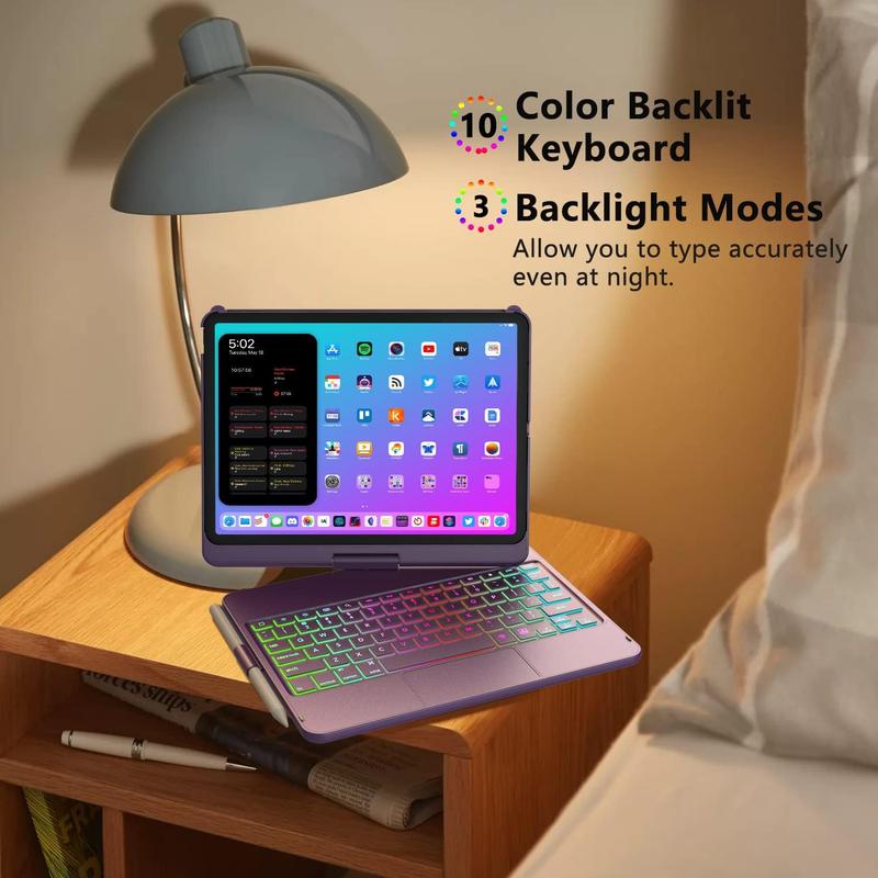 iPad Pro 11 inch and iPad Air 5 Air 4 10.9 inch Keyboard Case with Trackpad, Backlit with 10 Colors, 360 Degree Screen Rotation - Purple