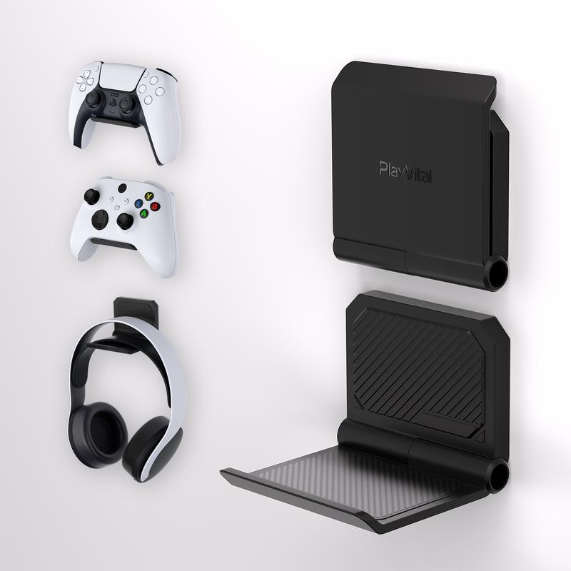 PlayVital 2 Set FOLD Controller Wall Mount for PS5 & PS4 & Xbox Series X S & Nintendo Switch Pro & Xbox Wireless Headset & Pulse 3D Headset - Black