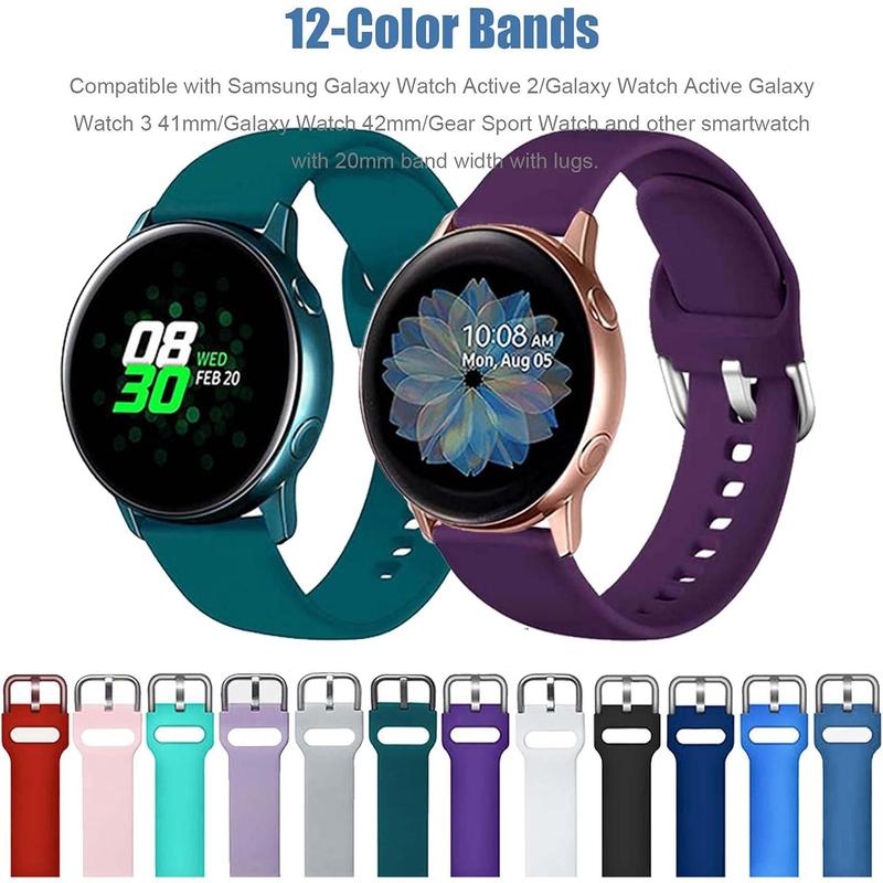 12 Color Bands Compatible with Samsung Galaxy Watch Active 2 Galaxy Watch 4 Galaxy Watch 5 Galaxy Watch 6 40mm 44mm, Galaxy Watch 4 6 Classic Galaxy Watch 5 Pro Watch 3 41mm, 20mm Soft Silicone Sport Strap for Women Men