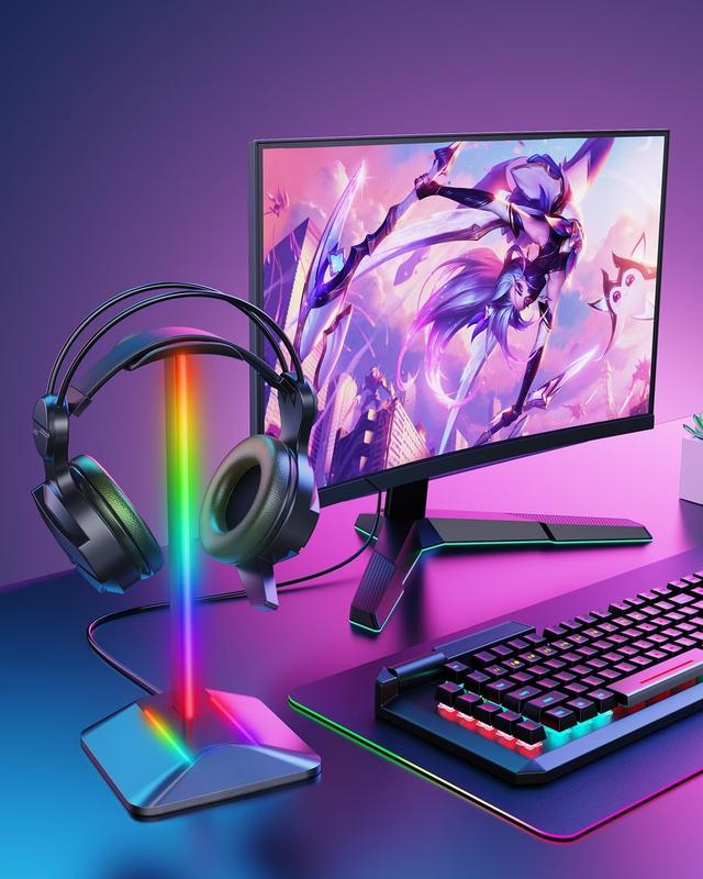 RGB Headphone Stand Desk Gaming Headset Holder with 7 Light Modes and Non-Slip Rubber Base Suitable for All Earphone Accessories(Black)