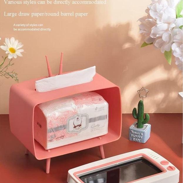 2 in 1 Mobile Phone Viewing Bracket & TV Tissue Box, Creative Retro Facial Tissue Dispenser Box Cover Holder with Phone Stand