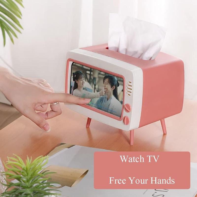 2 in 1 Mobile Phone Viewing Bracket & TV Tissue Box, Creative Retro Facial Tissue Dispenser Box Cover Holder with Phone Stand