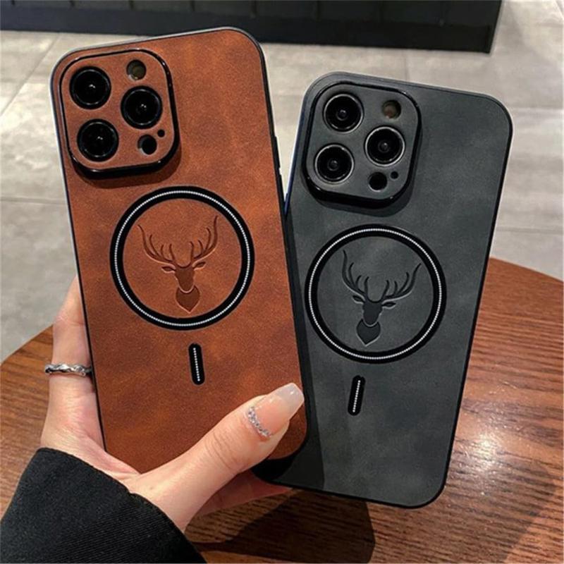 Luxury Deer Pattern PU Leather Phone Case For iPhone 16 15 14 13 12 11 Pro Max Shockproof Magnetic Bumper Cover Compatible with Mag Safe Anti-Scratch Camera Protection