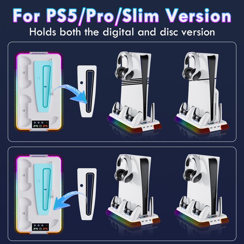 PS5 Stand & Cooling Station for PS5&PS5 Slim&PS5 Pro Disc & Digital Console, RGB Game Accessories with 3 Level Cooling Fans&Controller Charger&3 USB Hubs