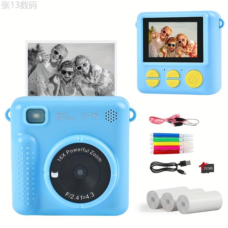 Kids Camera Instant Camera, 1080P 2.4 Inch Screen Instant Camera Kids With Print Paper & 32GB Card, Digital Camera Kids Gift For Kids3-12 Years Charging Rechargeable