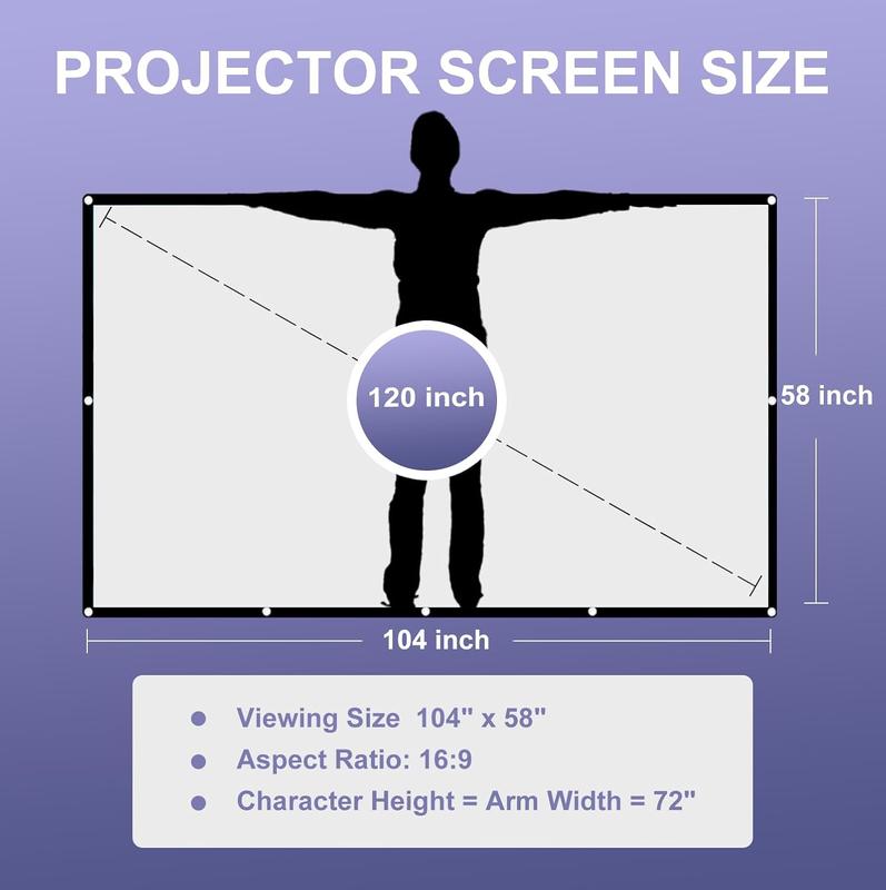 Projector Screen 120 inch, 16:9 4K HD Movie Portable Projector Screen Indoor Outdoor Projection Screen Wrinkle-Free Foldable Movie Screen for Backyard