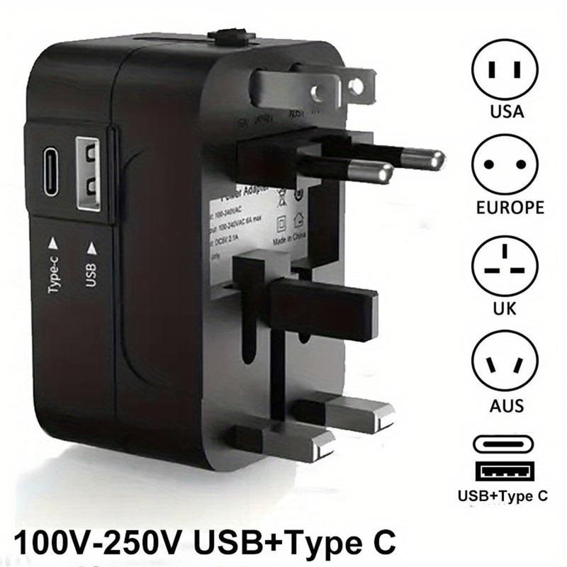 Universal Travel Plug Adapter, Multifunctional Wall Charger With Dual USB USB+Type-C Port For Worldwide Travel Use