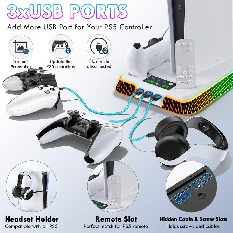 PS5 Stand & Cooling Station for PS5&PS5 Slim&PS5 Pro Disc & Digital Console, RGB Game Accessories with 3 Level Cooling Fans&Controller Charger&3 USB Hubs