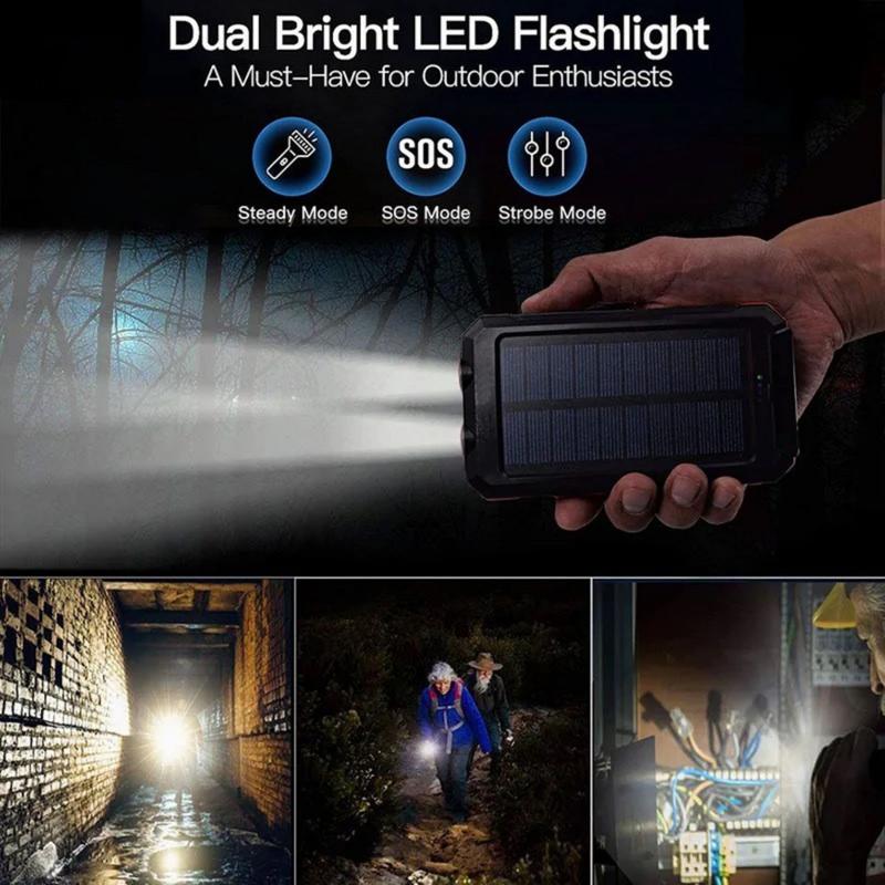 Solar Charger Power Bank, Portable Charger Fast Charger Dual USB Port Built-in Led Flashlight and Compass for All Cell Phone and Electronic Devices