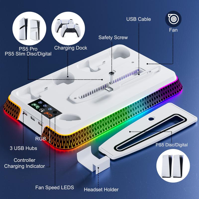 PS5 Stand & Cooling Station for PS5&PS5 Slim&PS5 Pro Disc & Digital Console, RGB Game Accessories with 3 Level Cooling Fans&Controller Charger&3 USB Hubs