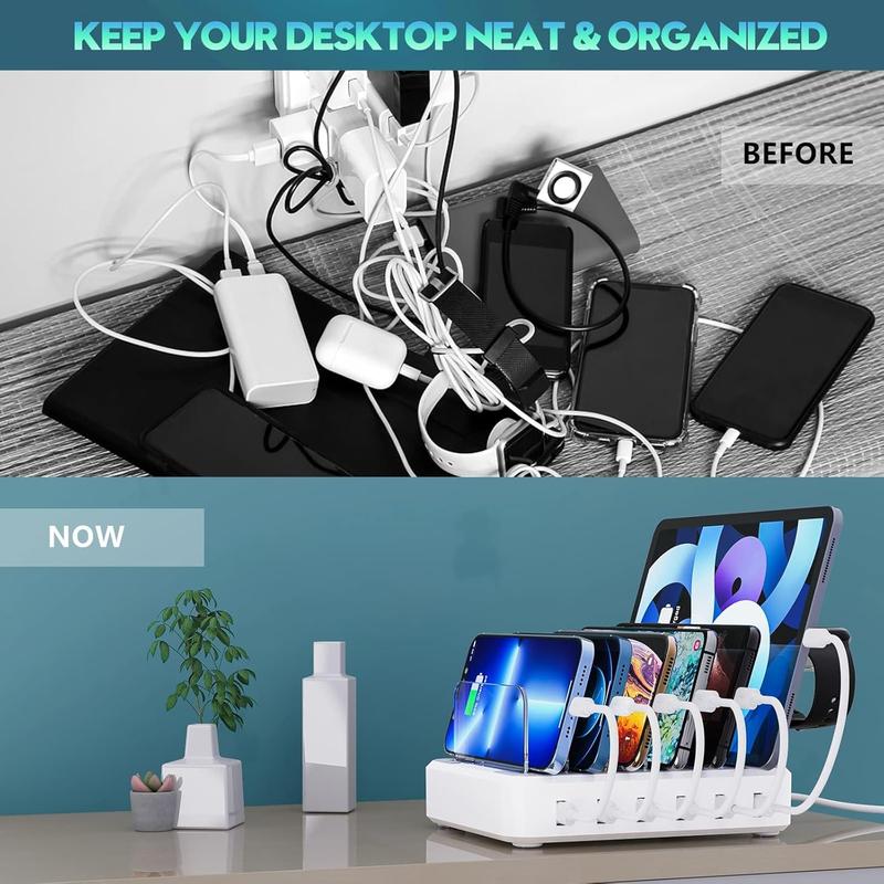 Charging Station for Multiple Devices,60W 6 Port Charger Station with 7 Mixed Charging Cables,USB Charging Dock,Compatible with Cellphone,Tablet, Kindle, iPhone iPad and More (White)